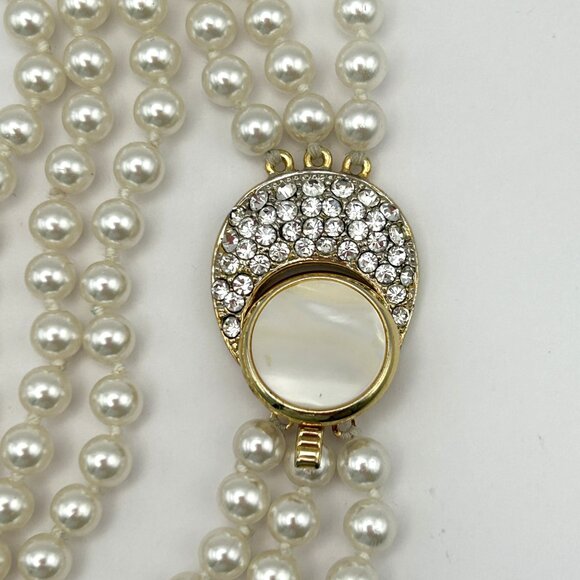 Vintage 3 Strand Faux Pearl Necklace with Rhinestone MOP Clasp Statement Bridal - Picture 2 of 11